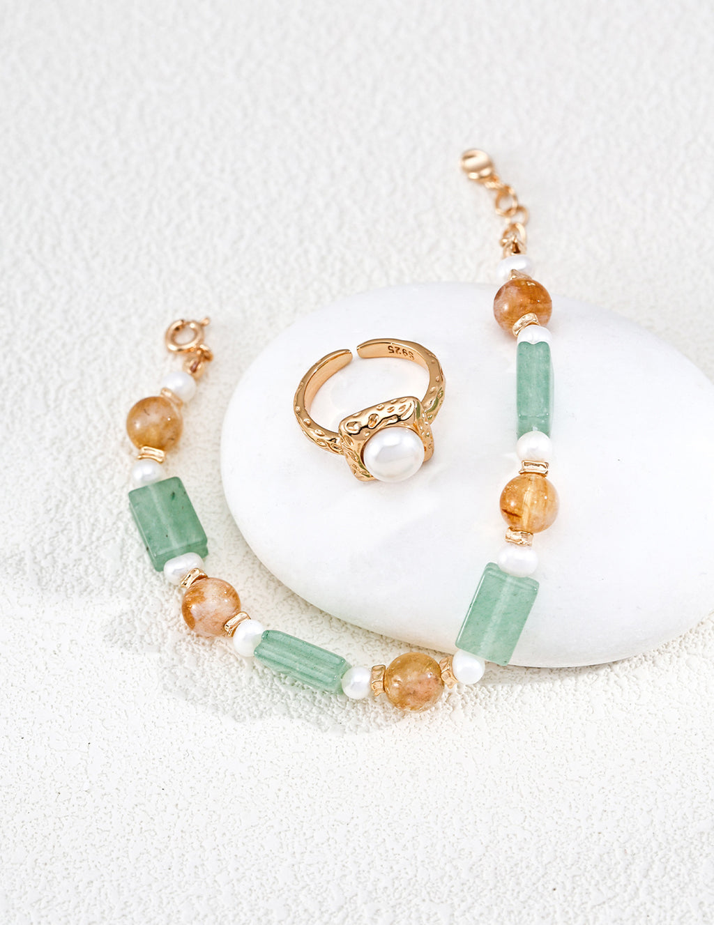 925 Sterling Silver Vintage Natural Pearl, 茉莉宝石 and Yellow Flower Crystal Bracelet - Vintage Gold