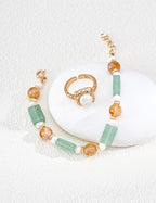 925 Sterling Silver Vintage Natural Pearl, 茉莉宝石 and Yellow Flower Crystal Bracelet - Vintage Gold
