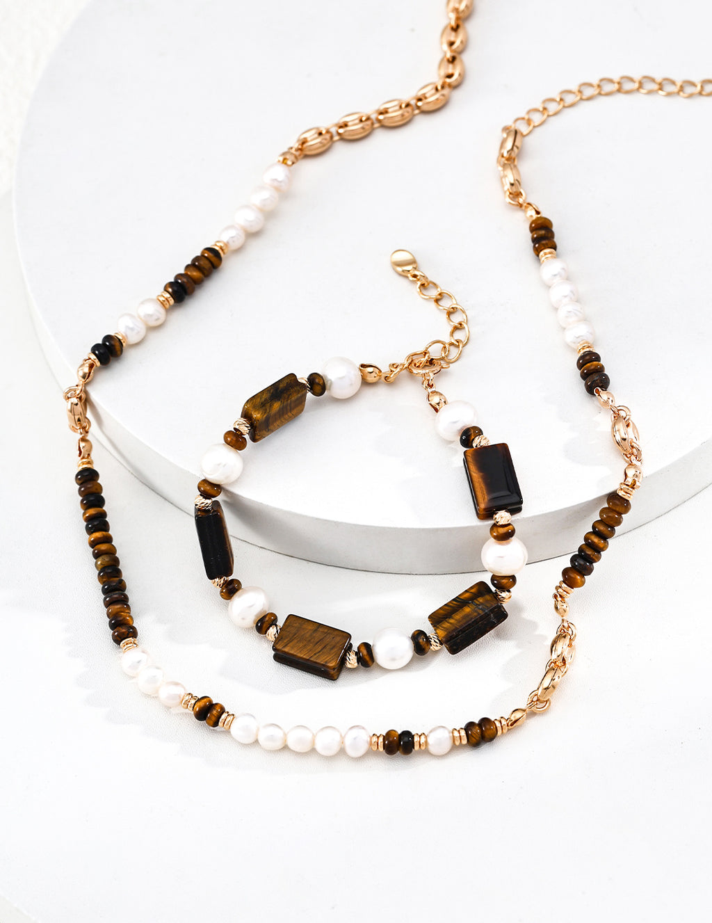925 Sterling Silver Tiger’s Eye and Pearl Bracelet - Vintage Gold