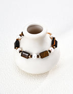 925 Sterling Silver Tiger’s Eye and Pearl Bracelet - Vintage Gold