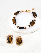 925 Sterling Silver Tiger’s Eye and Pearl Bracelet - Vintage Gold