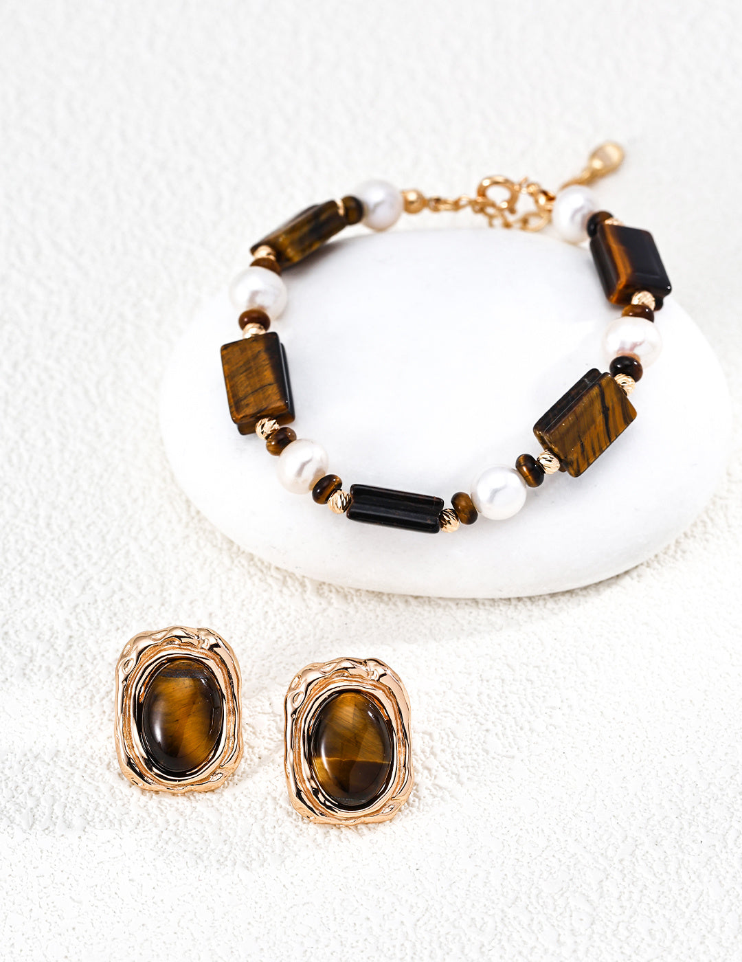 925 Sterling Silver Tiger’s Eye and Pearl Bracelet - Vintage Gold