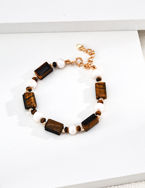 925 Sterling Silver Tiger’s Eye and Pearl Bracelet - Vintage Gold