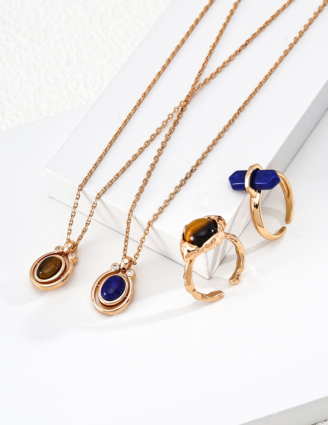 925 Sterling Silver Tiger’s Eye, Black Agate and Lapis Lazuli Necklace - Vintage Gold