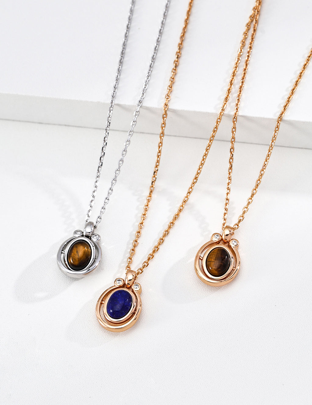 925 Sterling Silver Tiger’s Eye, Black Agate and Lapis Lazuli Necklace - Vintage Gold