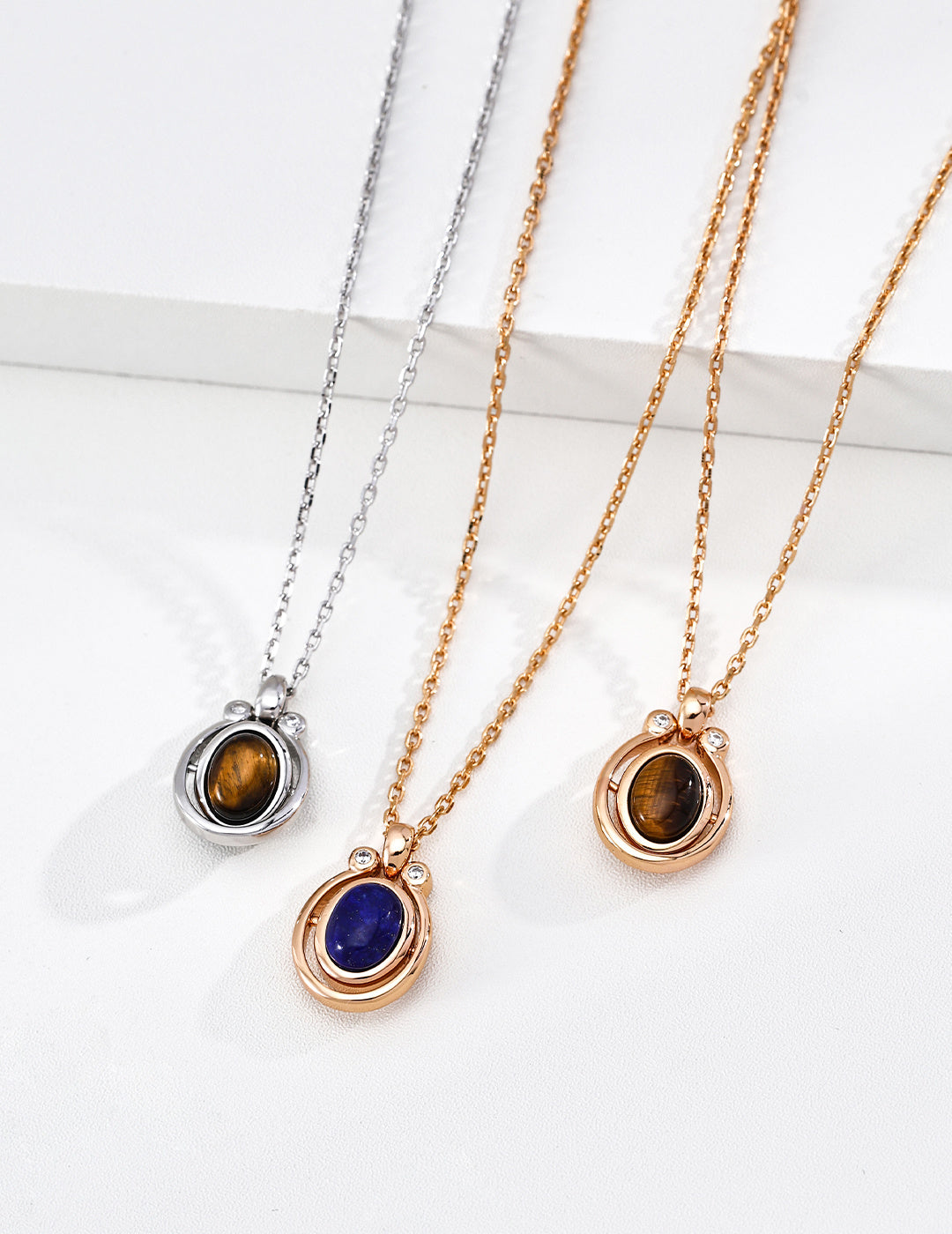 925 Sterling Silver Tiger’s Eye, Black Agate and Lapis Lazuli Necklace - Vintage Gold