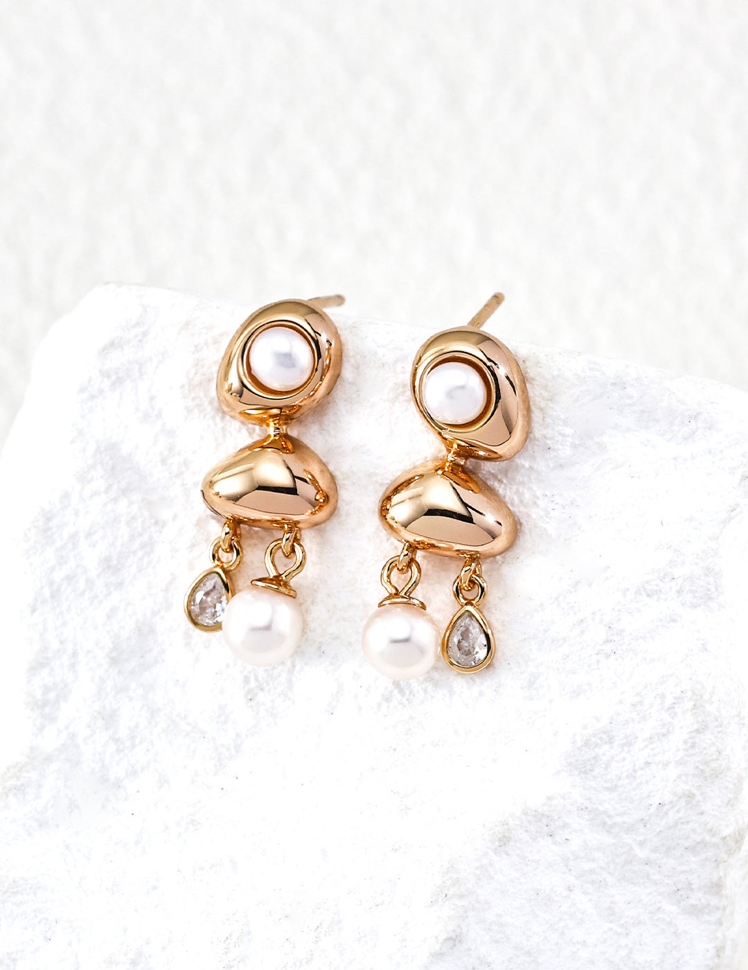 925 Sterling Silver Teardrop Natural Pearl and Cubic Zirconia Earrings - Vintage Gold