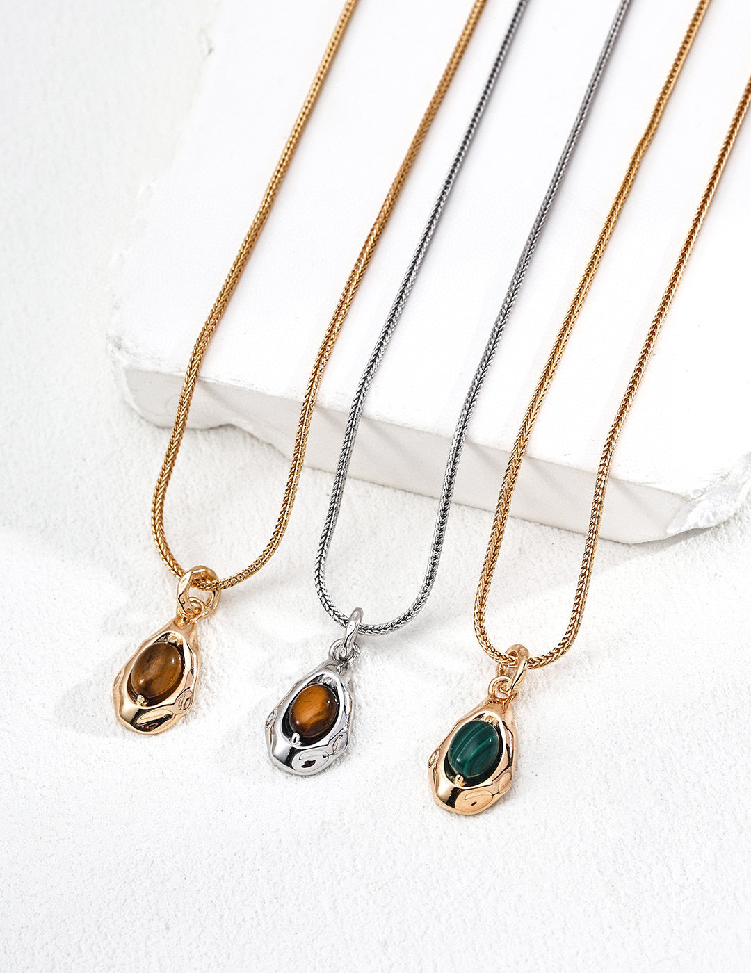 925 Sterling Silver Malachite Tiger’s Eye Pendant Necklace in tiger’s eye and malachite in silver and vintage gold, product view 1