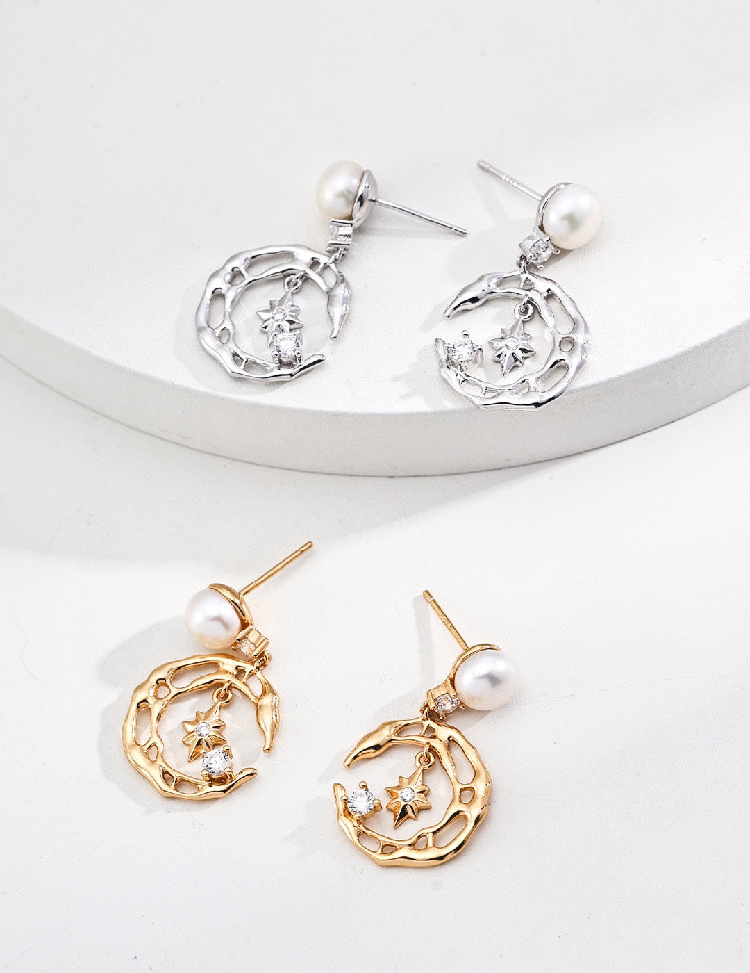 925 Sterling Silver Star Natural Pearl and Cubic Zirconia Earrings, product view 11