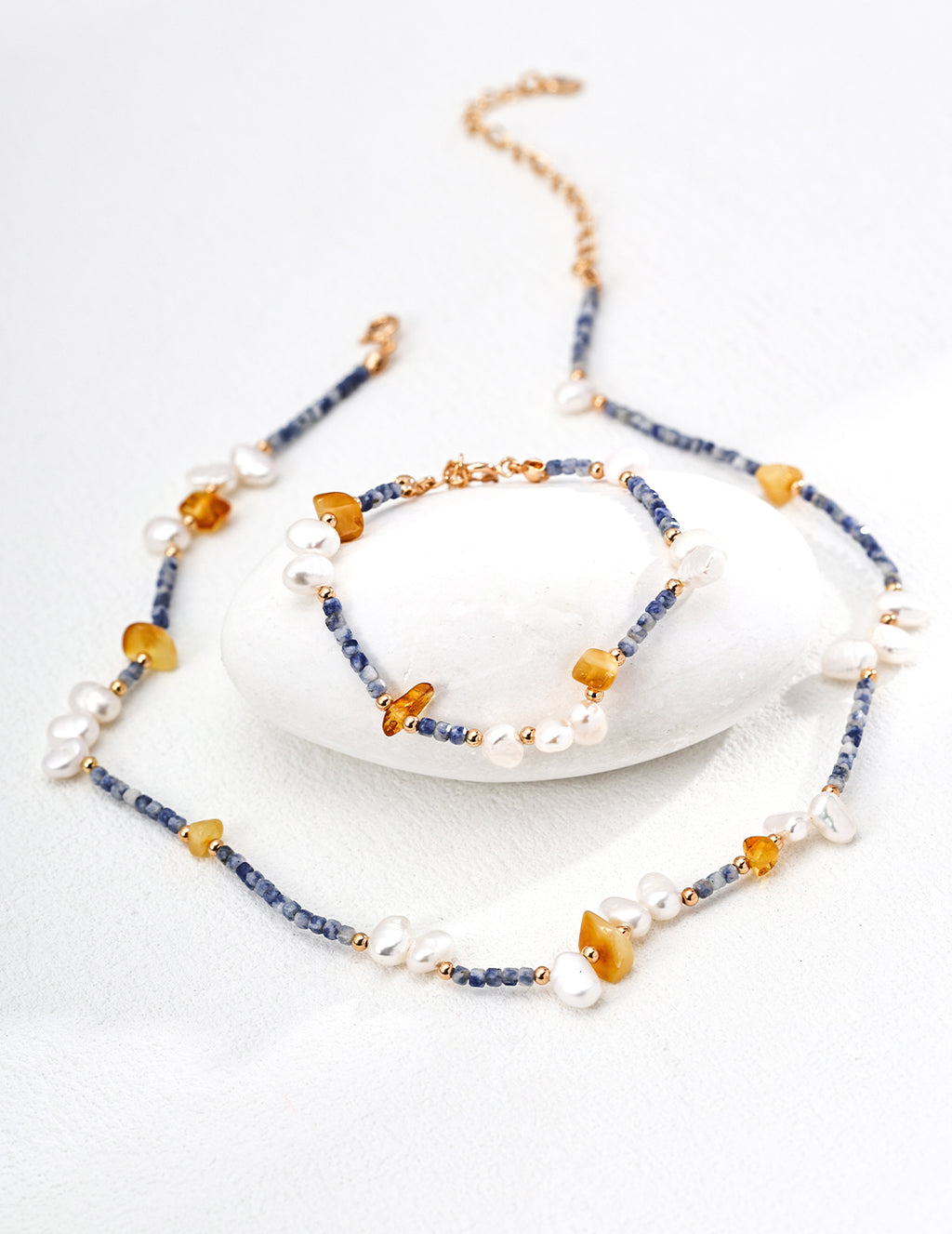 925 Sterling Silver Natural Pearl, Blue Dot Stone and Amber-Toned Bead Necklace, product view 7