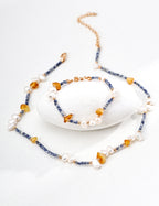 925 Sterling Silver Natural Pearl, Blue Dot Stone and Amber-Toned Bead Necklace, product view 7