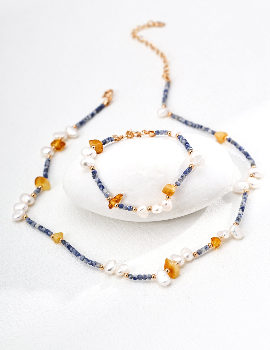 925 Sterling Silver Natural Pearl, Blue Dot Stone and Amber-Toned Bead Necklace, product view 7