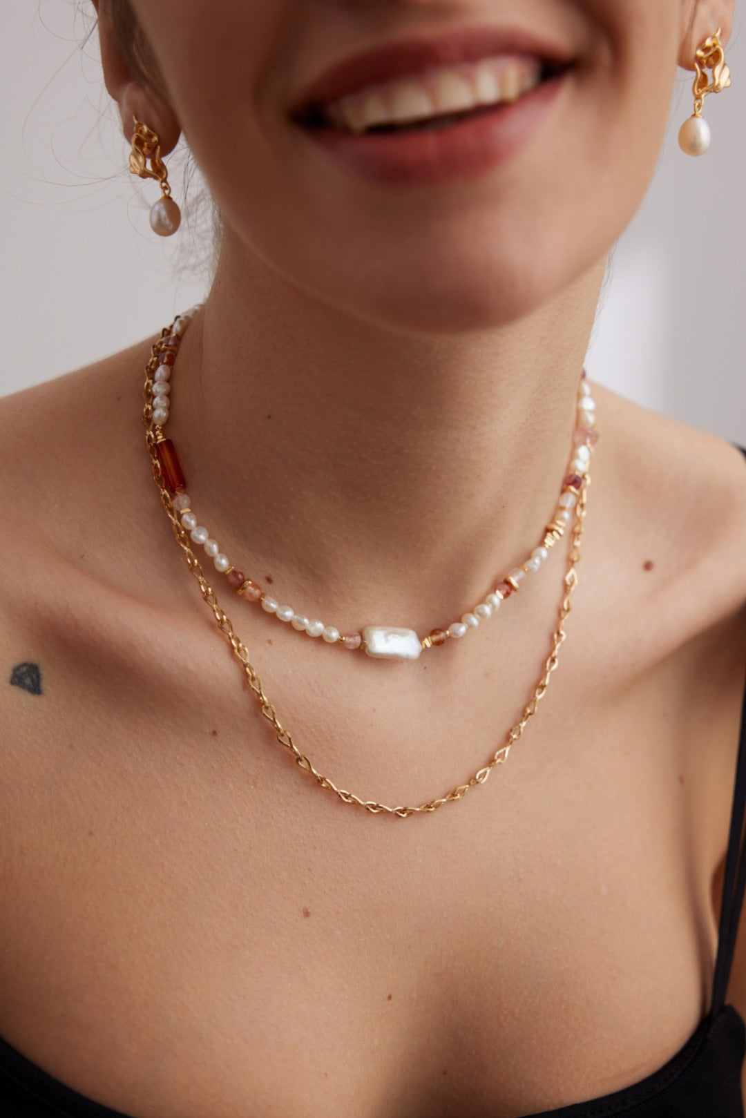 925 Sterling Silver Strawberry Quartz Chips and Natural Pearl Necklace, product view 7