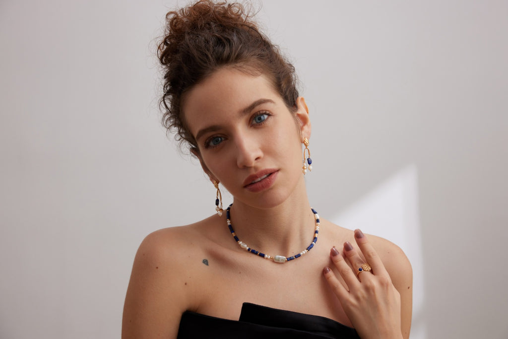 925 Sterling Silver Natural Pearl and Lapis Lazuli Necklace, product view 8