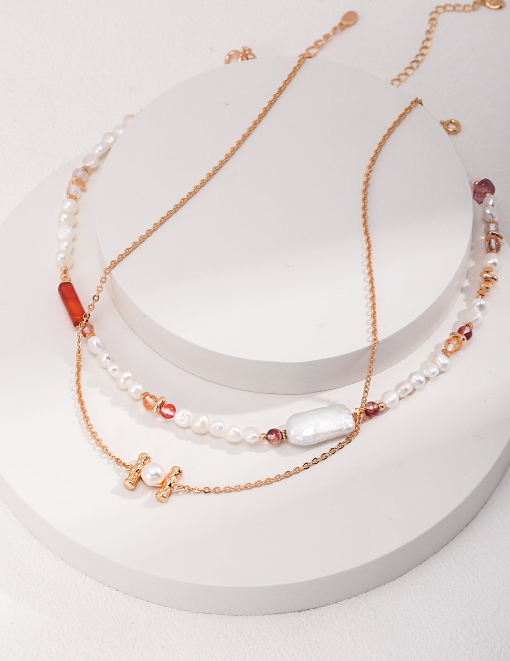 925 Sterling Silver Strawberry Quartz Chips and Natural Pearl Necklace, product view 8