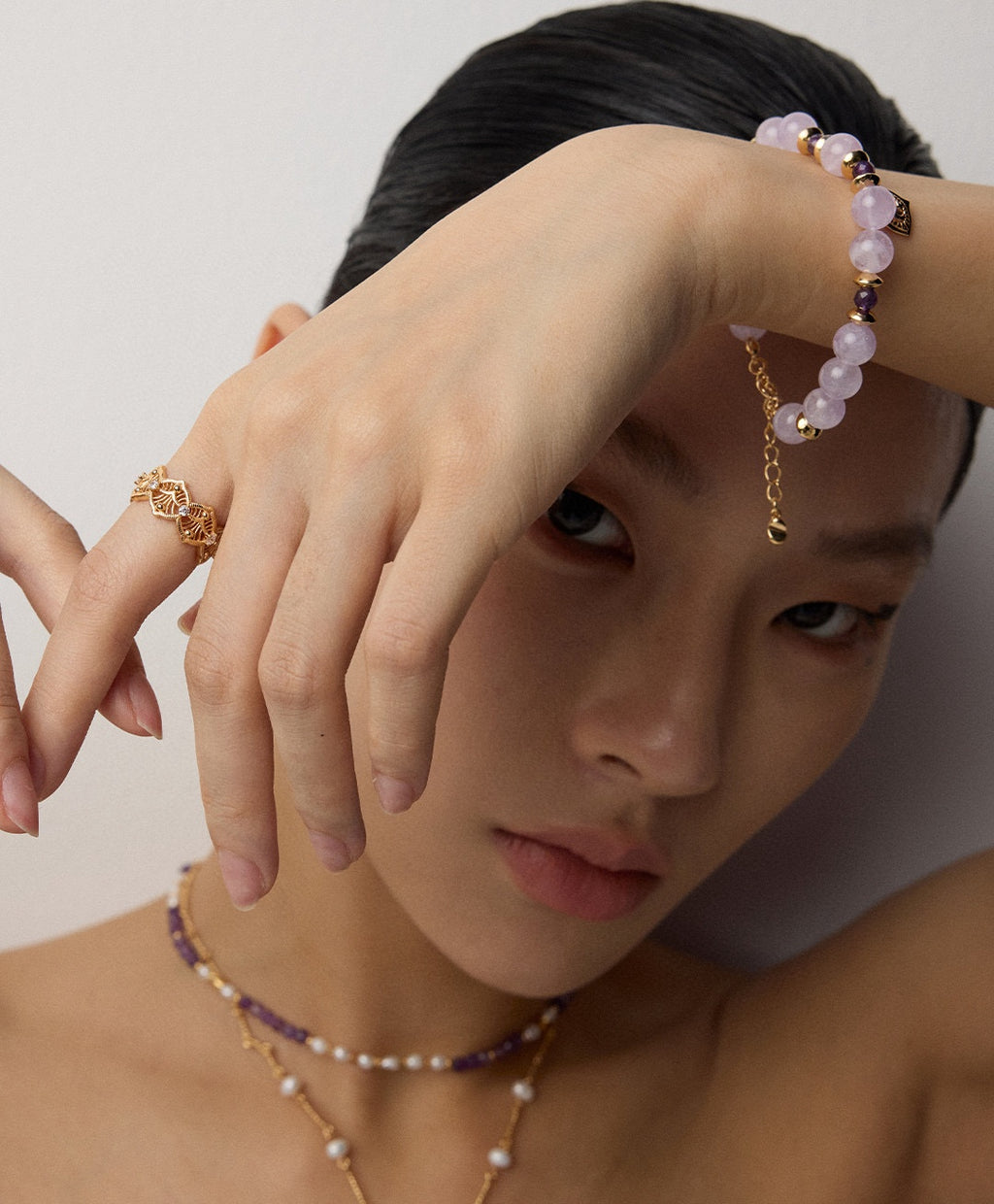 925 Sterling Silver Amethyst and Cubic Zirconia Bracelet in vintage gold and purple amethyst, product view 2