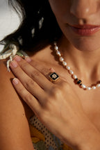 925 Sterling Silver Enamel Faux Pearl Cubic Zirconia Ring, product view 9