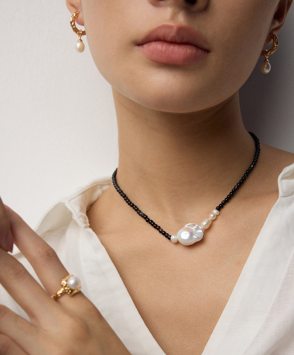 925 Sterling Silver Natural Pearl and Black Agate Necklace, product view 12