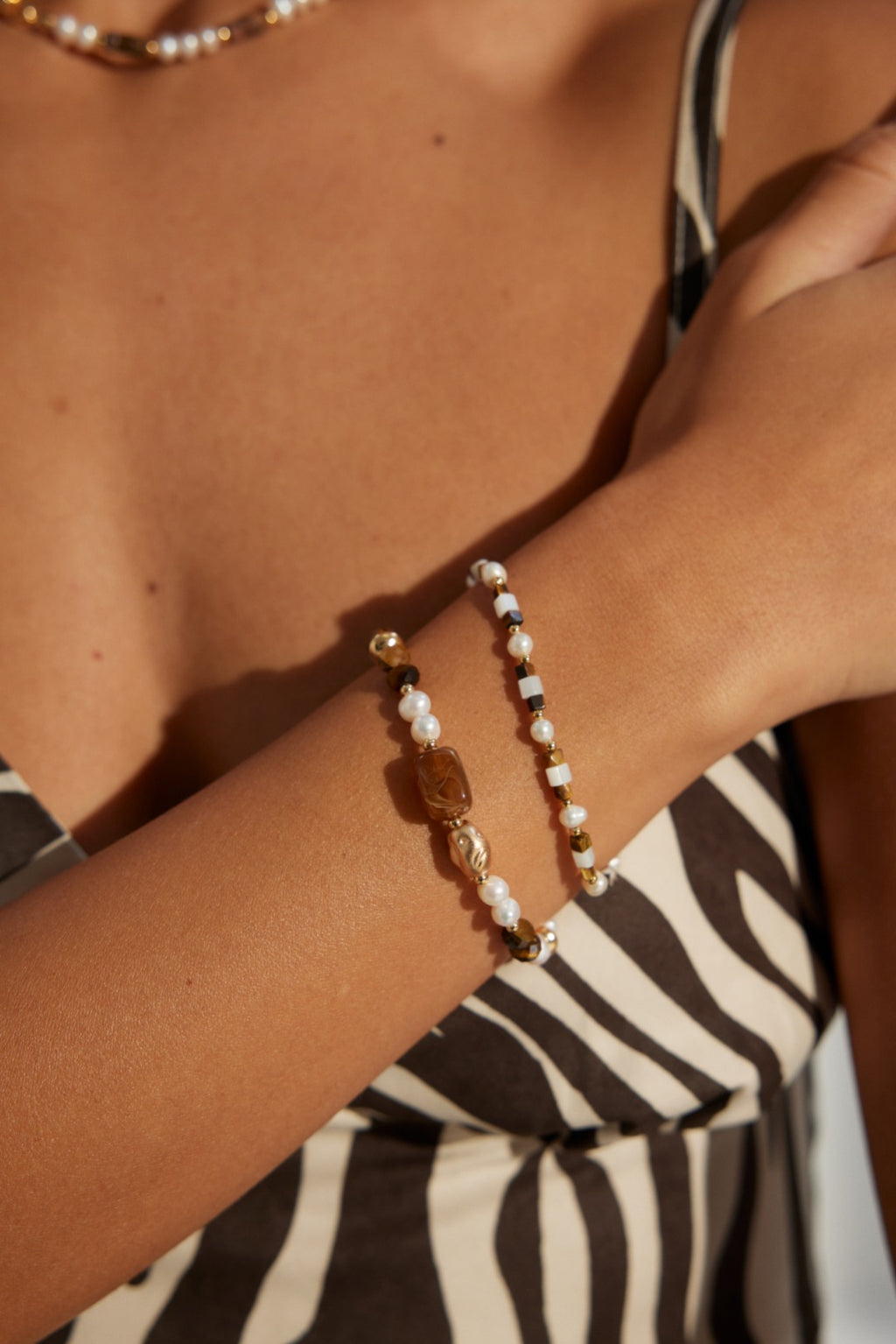 925 Sterling Silver Tiger’s Eye, Pearl and Mother of Pearl Bracelet