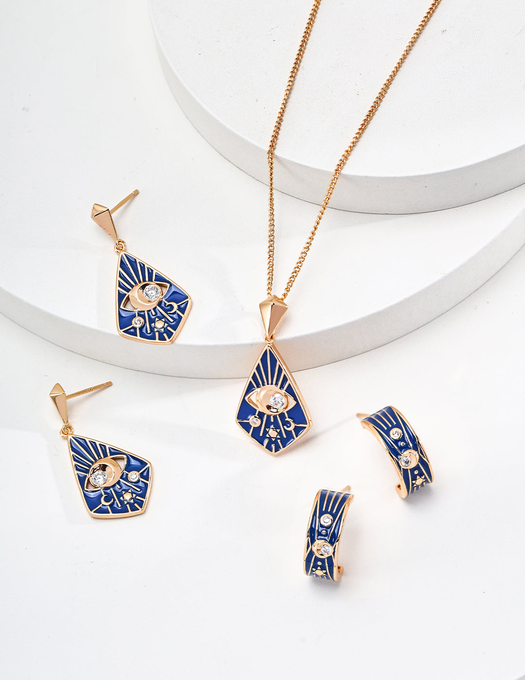 925 Sterling Silver Blue Enamel Cubic Zirconia Earrings in blue enamel and vintage gold, product view 7