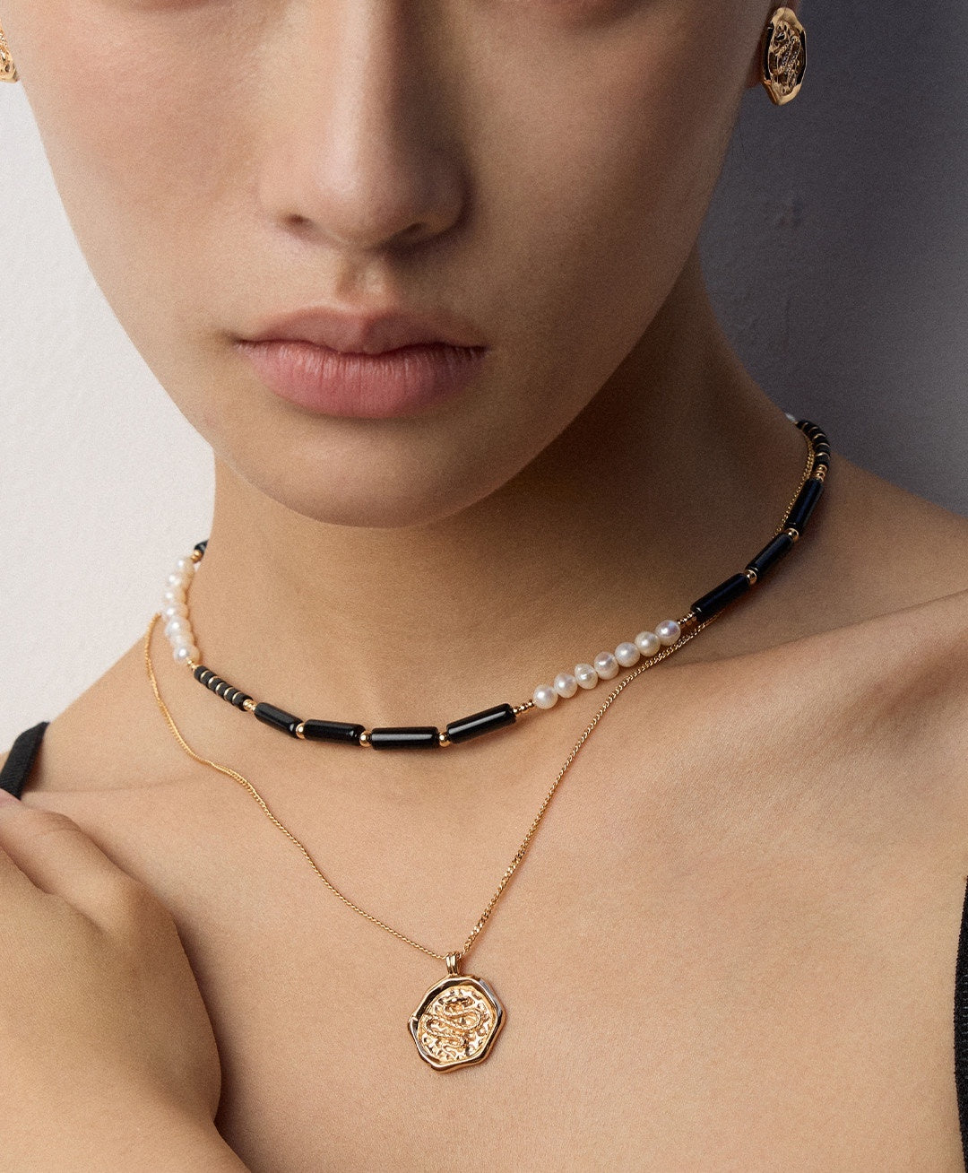 925 Sterling Silver Black Agate and Natural Pearl Necklace, product view 13