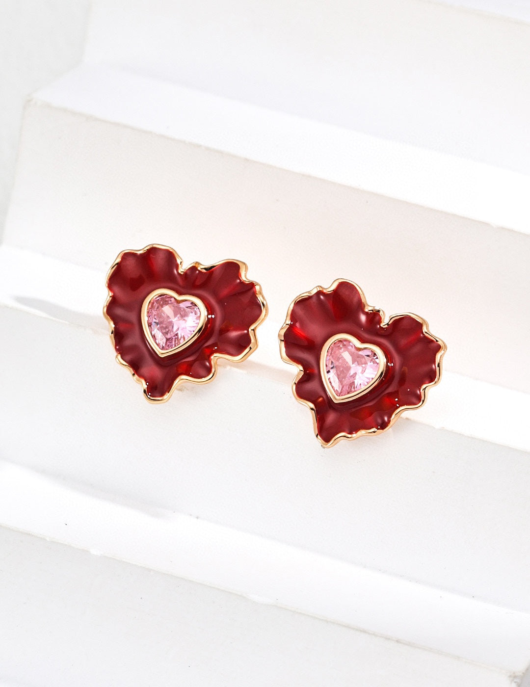 925 Sterling Silver Heart Drip Glaze and Cubic Zirconia Earrings - Silver