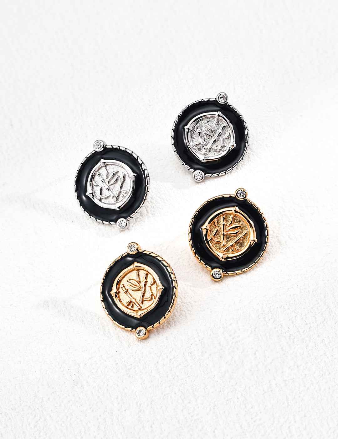 925 sterling silver circular coin earrings with enamel border and pavé CZ accents, vintage gold tone, approx. 2 cm