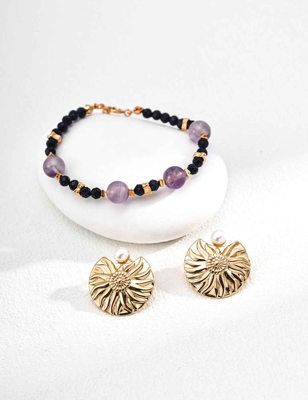 925 Sterling Silver Amethyst and Blue Sandstone Beaded Bracelet