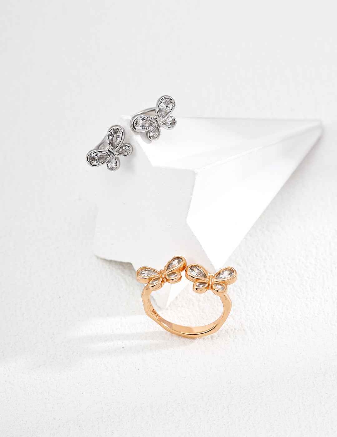 925 sterling silver butterfly-shaped adjustable ring with cubic zirconia accents, vintage gold tone