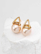 925 sterling silver geometric faux pearl drop earrings in pink, vintage gold tone