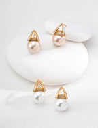 925 sterling silver geometric frame earrings with faux pearl drop, general view