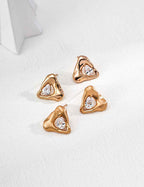 925 sterling silver triangle cubic zirconia stud earrings, vintage gold-tone finish, front view