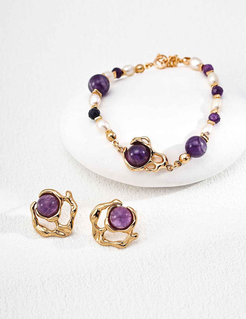 Close-up of sterling silver amethyst pearl bracelet showing stone sizes and surface detail