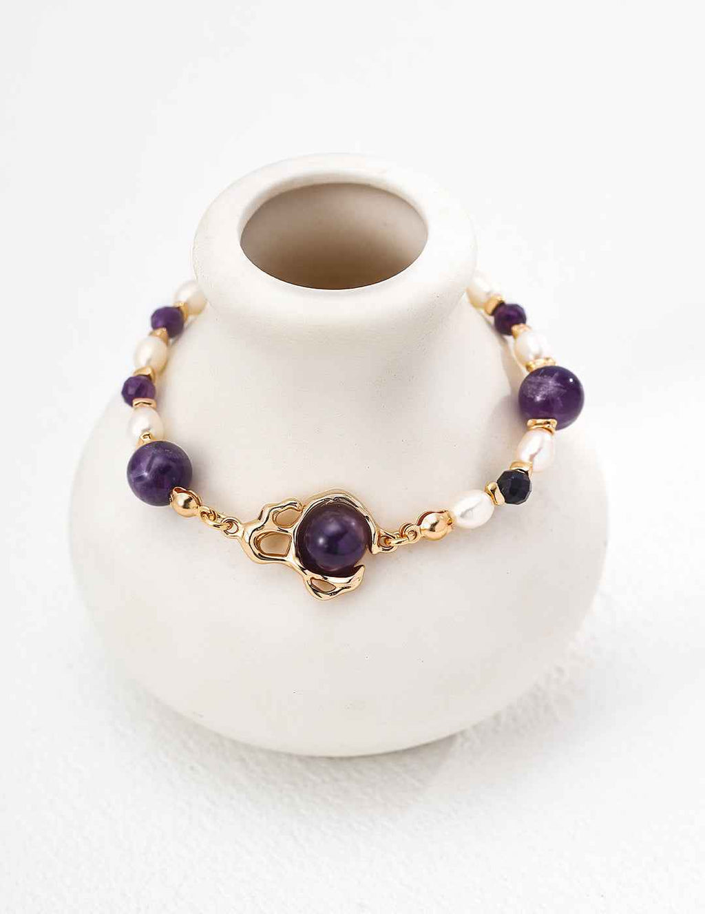 Full view of 925 sterling silver amethyst pearl bracelet with extension chain
