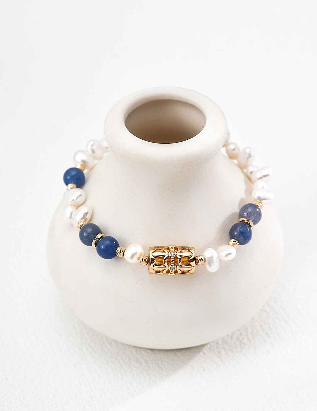 925 sterling silver blue aventurine and pearl bracelet worn on model