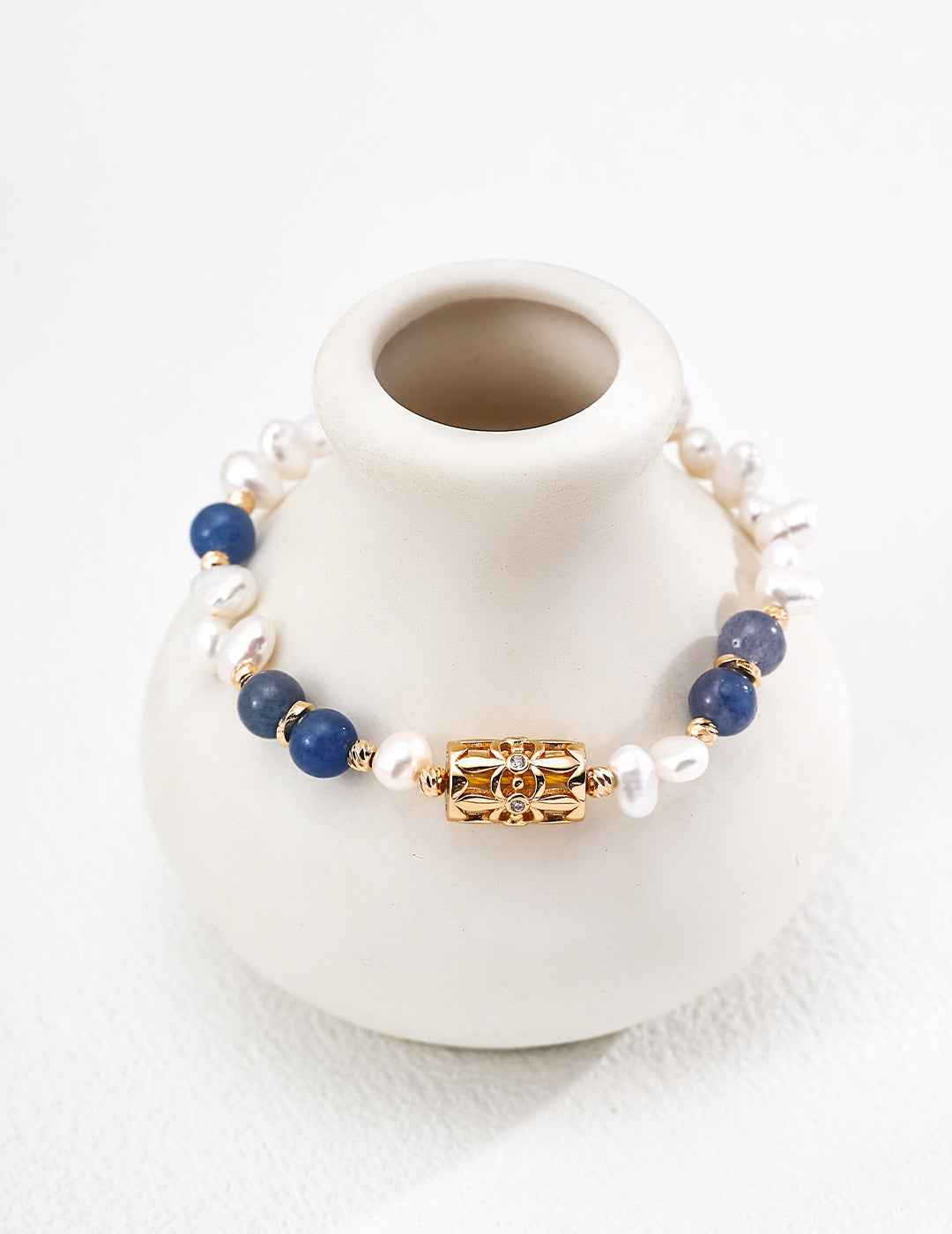 925 sterling silver blue aventurine and pearl bracelet worn on model