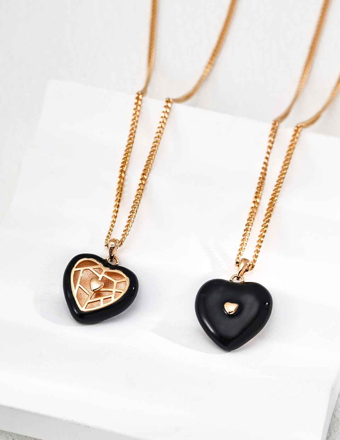 925 sterling silver black enamel heart pendant necklace, front view, pendant approx. 2 cm