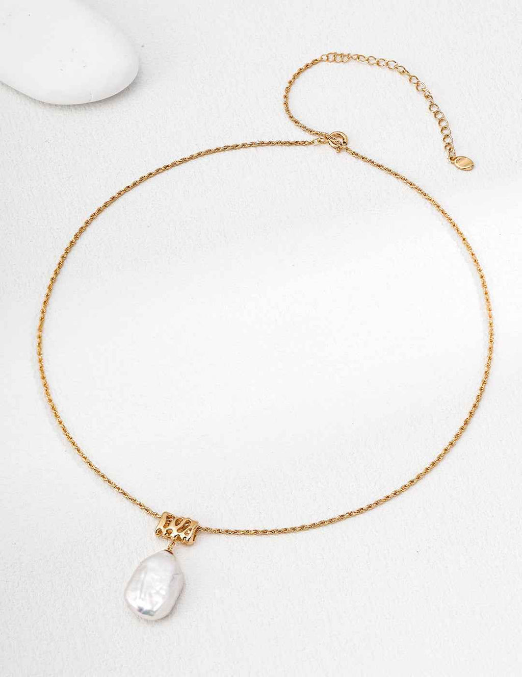 925 sterling silver baroque pearl necklace worn, showing pendant length and chain