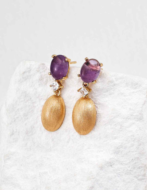 925 sterling silver amethyst drop earrings with textured oval detail and CZ accent, vintage gold tone, approx. 2.5 cm