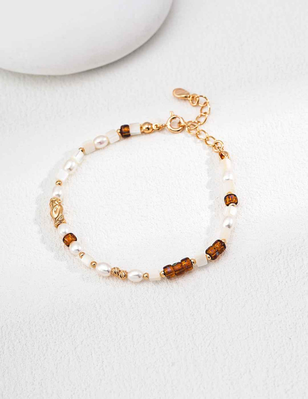 925 sterling silver beaded bracelet with colored glass and pearl accents, vintage gold-tone hardware