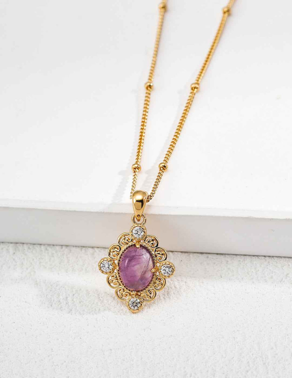 925 sterling silver pendant necklace with ornate floral frame, amethyst variant, gold-tone setting