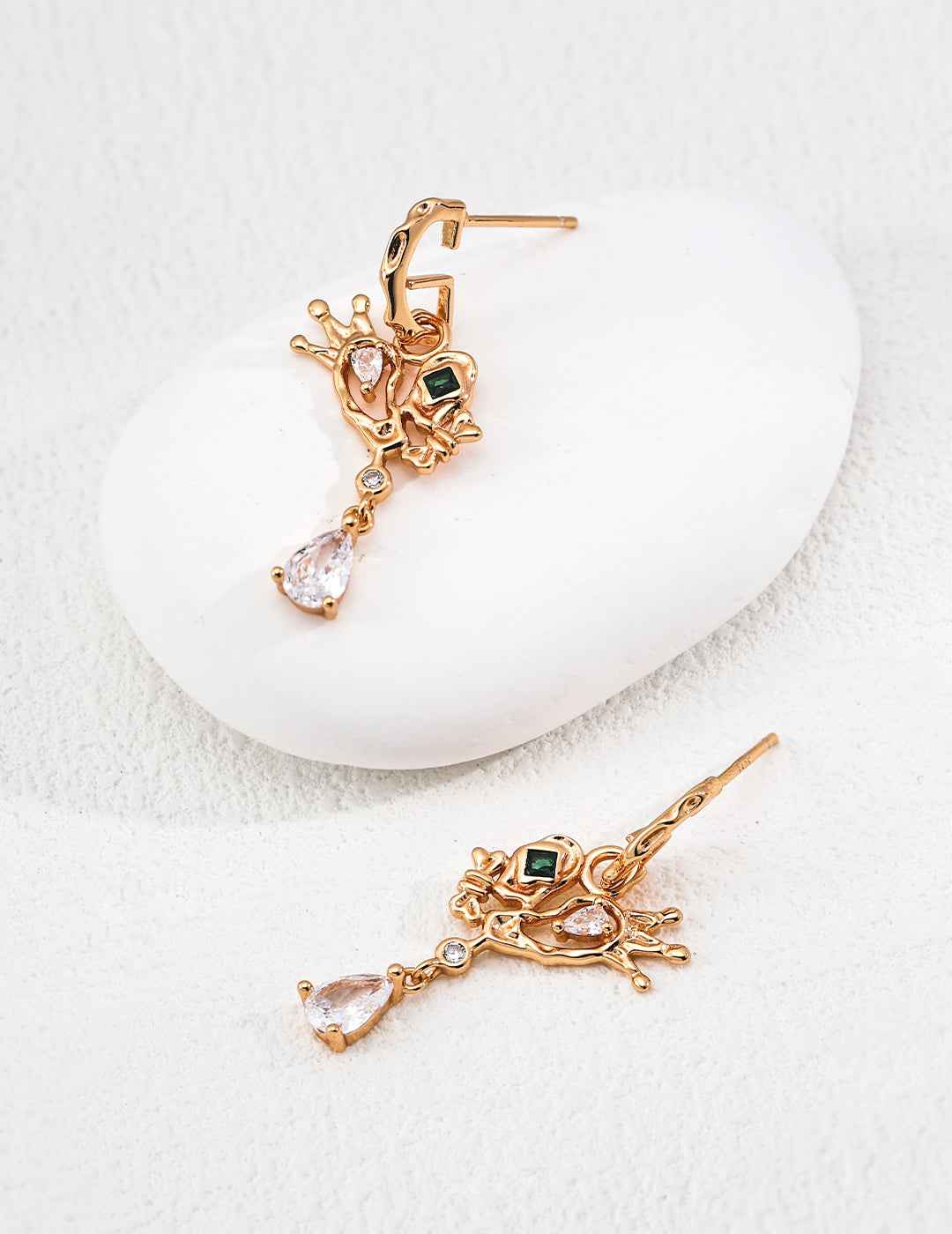Pair of 925 sterling silver crown heart drop earrings, front view
