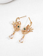 925 sterling silver drop earrings with crown and heart motif and CZ accents, vintage gold tone, approx. 3.5 cm