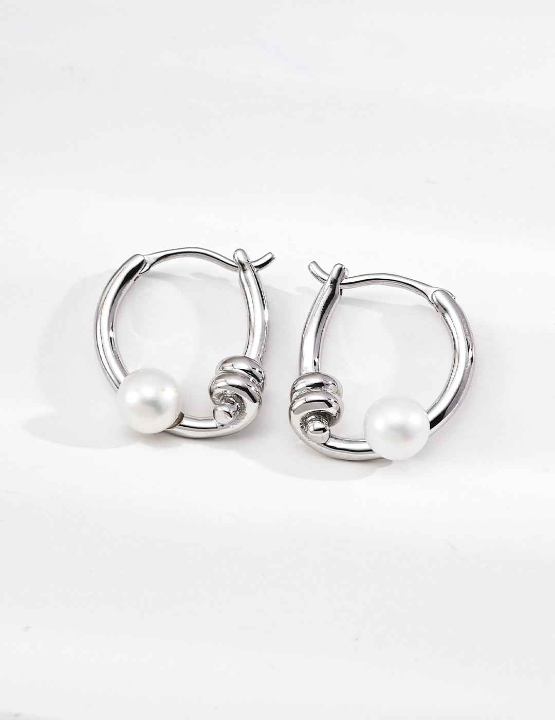 925 sterling silver pearl curved hoop earrings, silver tone version