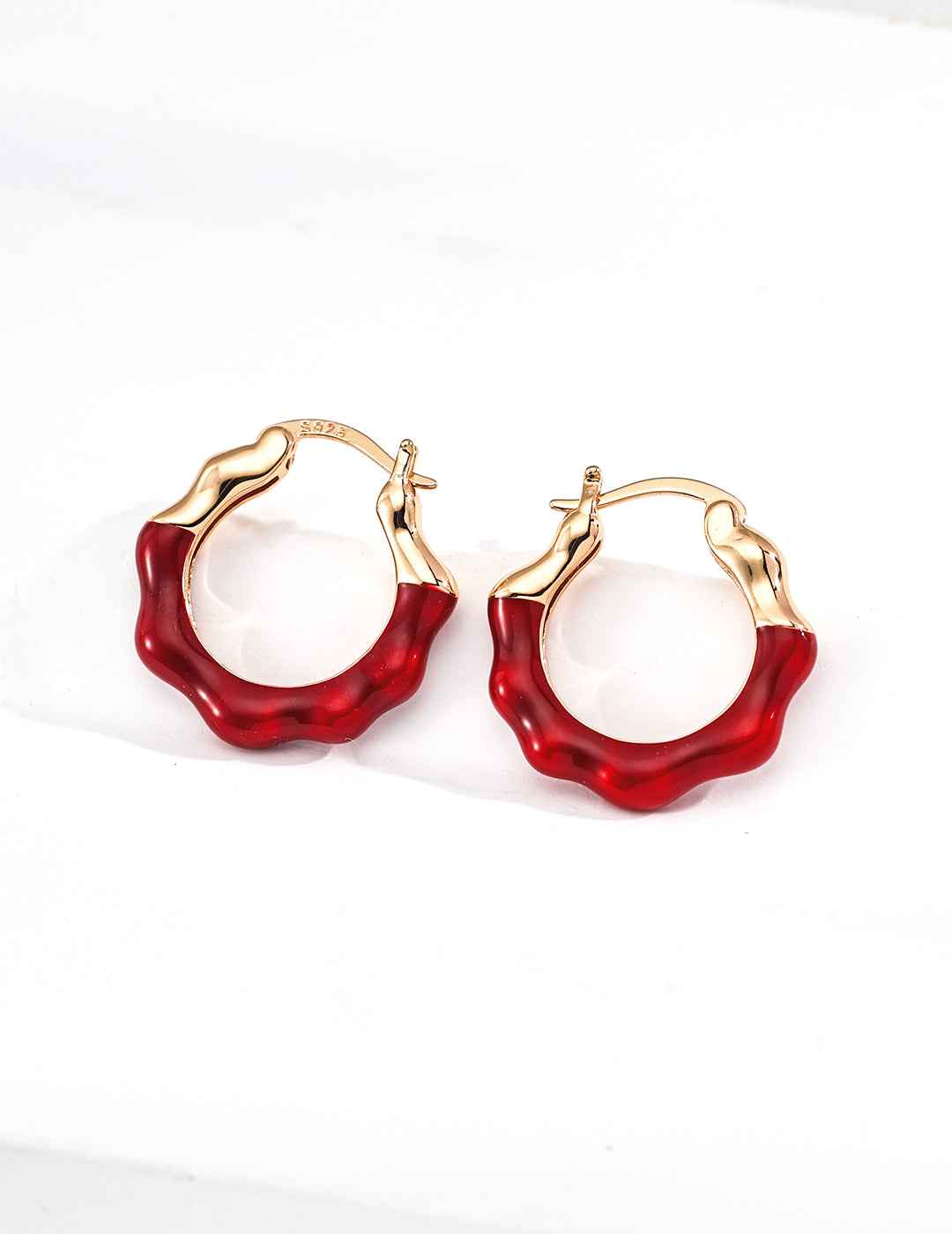 925 sterling silver enamel hoop earrings in red, vintage gold tone