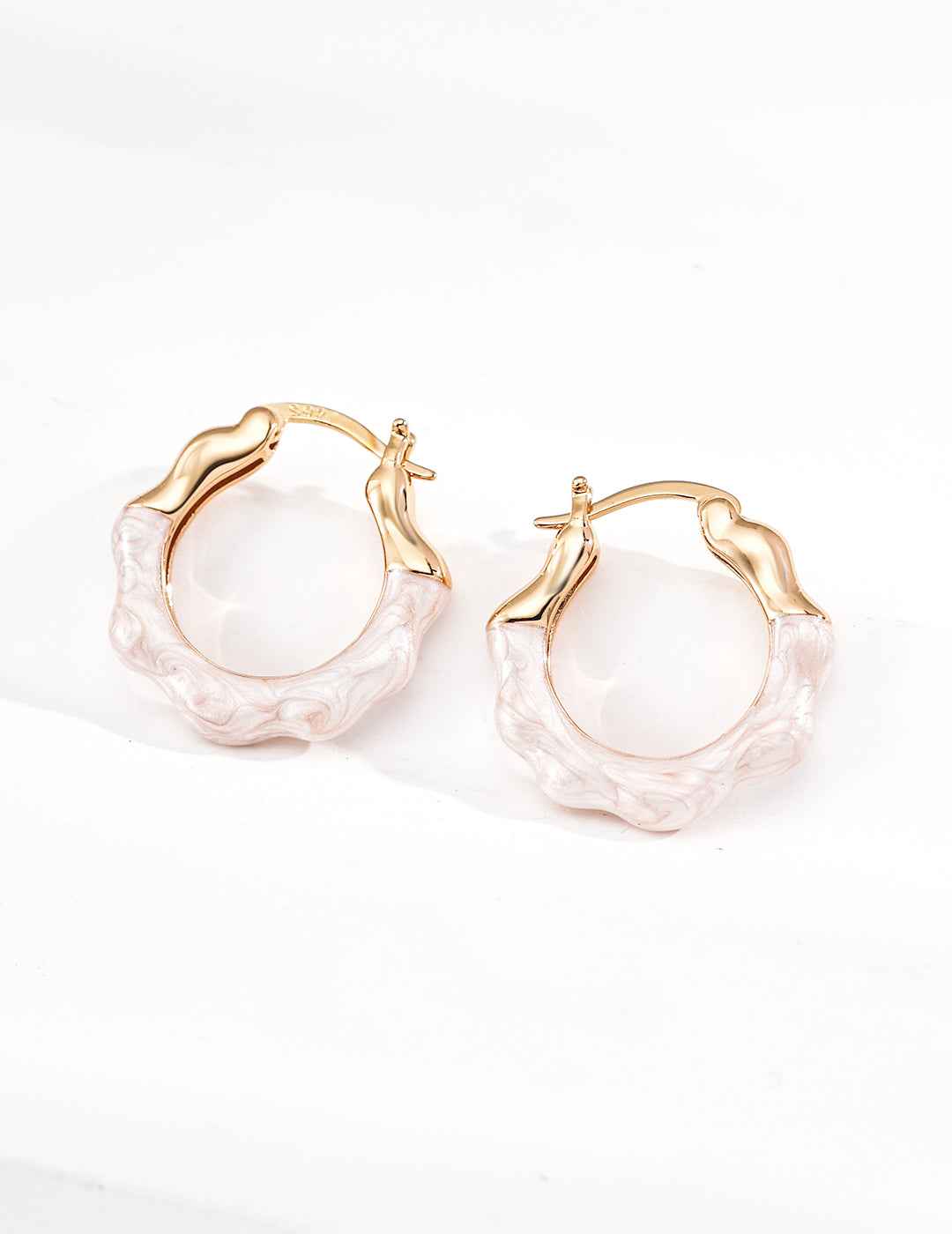 925 sterling silver enamel hoop earrings in white, vintage gold tone