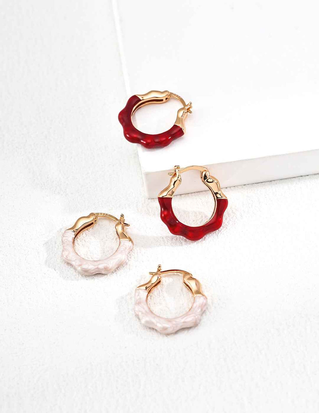 925 sterling silver enamel hoop earrings, vintage gold tone, organic texture, general view