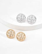 925 sterling silver stud earrings with cross-inspired floral motif and CZ accents, vintage gold tone, approx. 2 cm