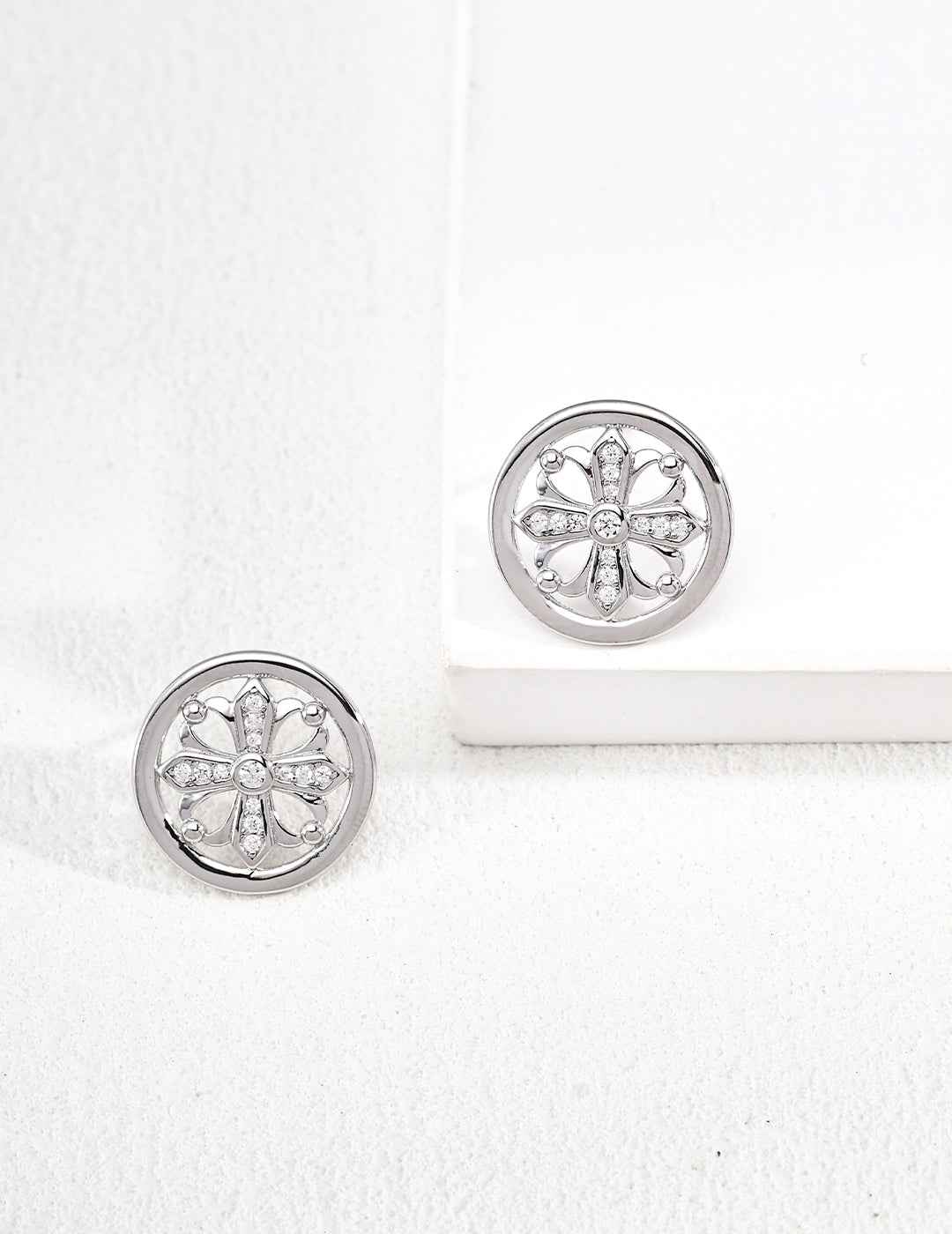 925 sterling silver cross motif CZ stud earrings, silver tone version