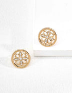 Close-up of sterling silver cross motif stud earrings showing openwork frame and zirconia detail